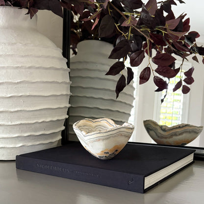 Decorative zebra onyx bowl on a black book with white textured vase and plant in the background