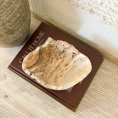 Artisan small hand-carved amber onyx bowl crafted from natural semi-precious stone