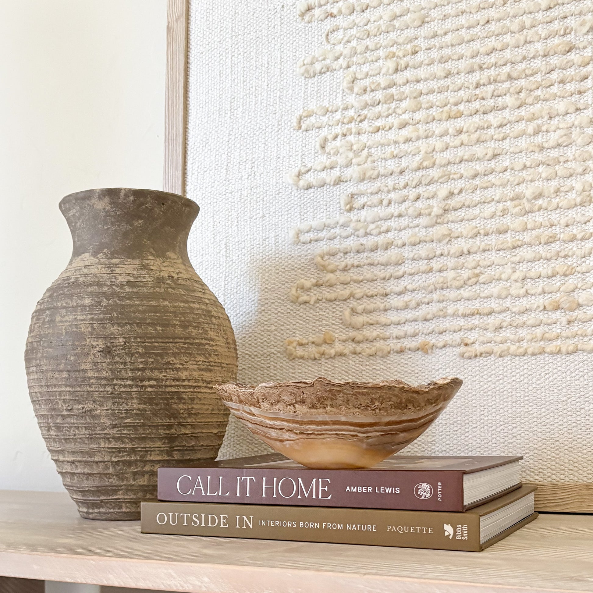 Artisan carved amber onyx bowl in neutral stone tones