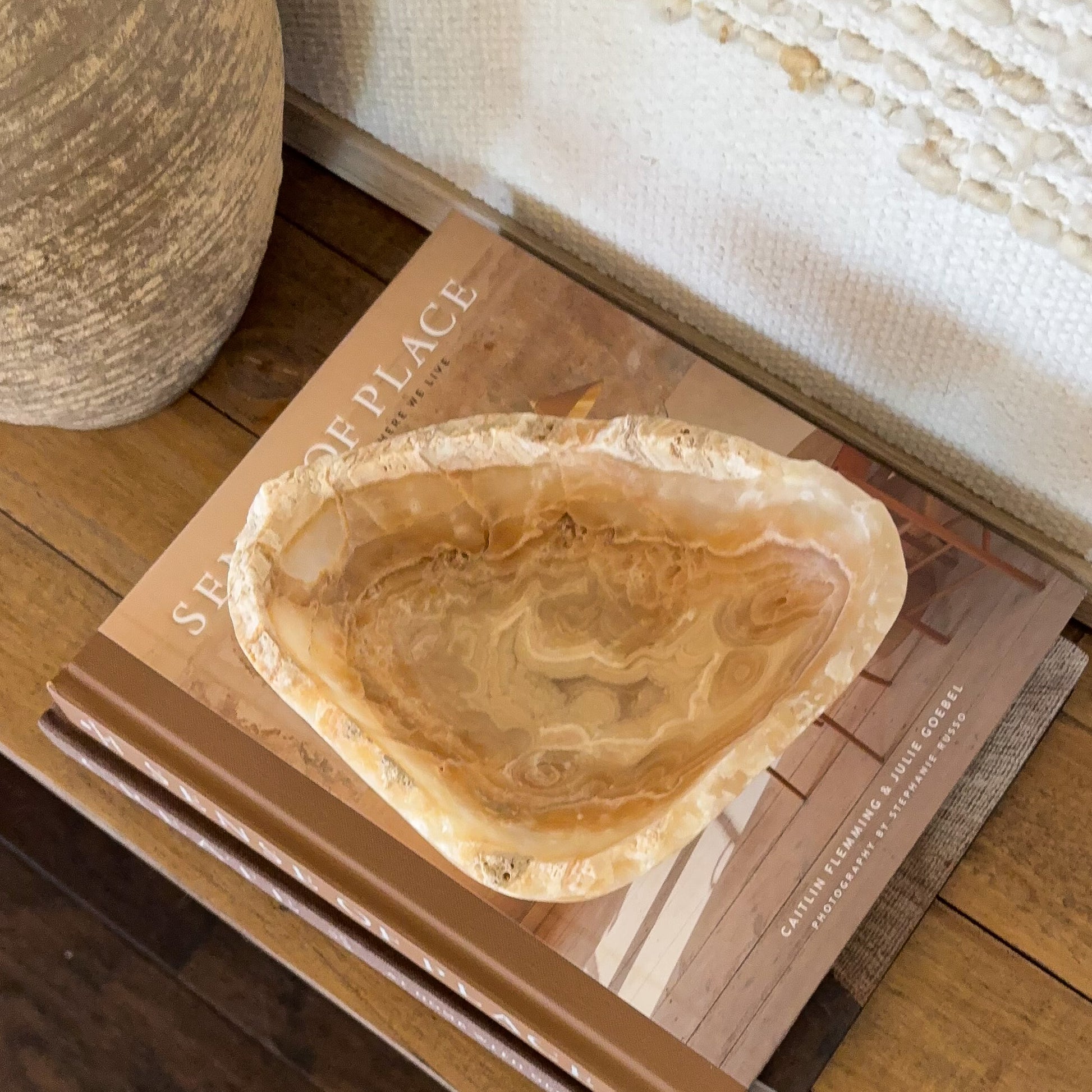 Small decorative amber onyx bowl carved from genuine banded onyx