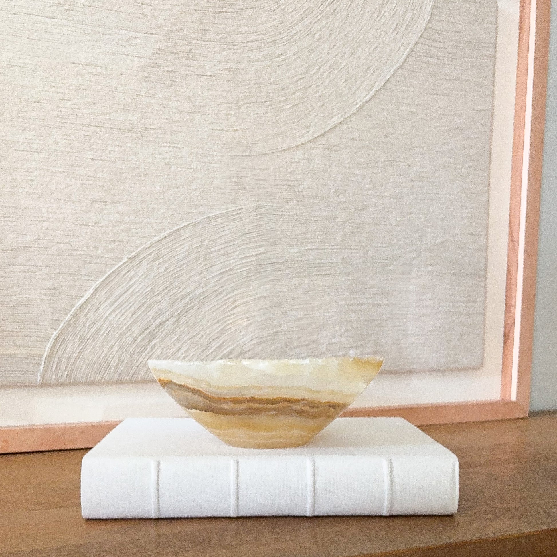 Small hand carved amber onyx bowl, polished gemstone decorative dish for home decor and crystal display