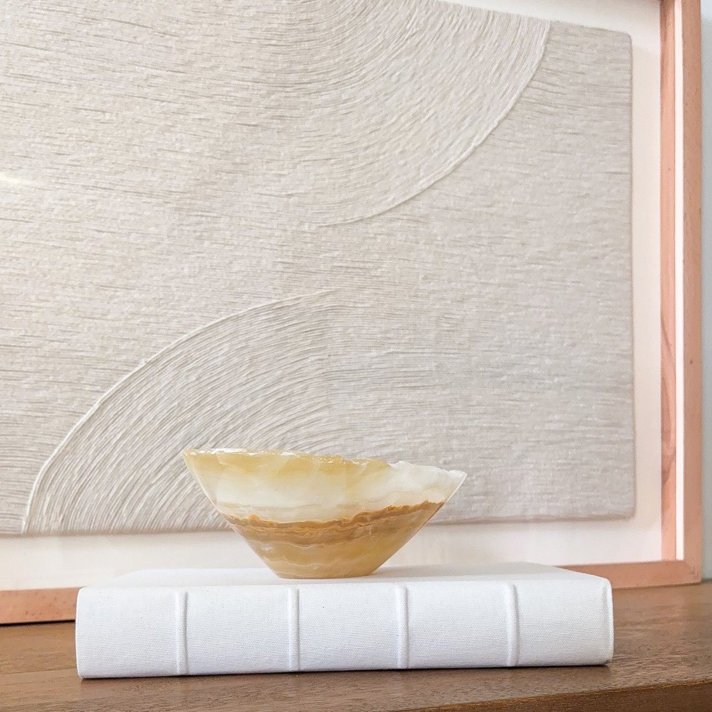 Small amber onyx bowl hand carved from natural stone, polished crystal dish for jewelry or home decor