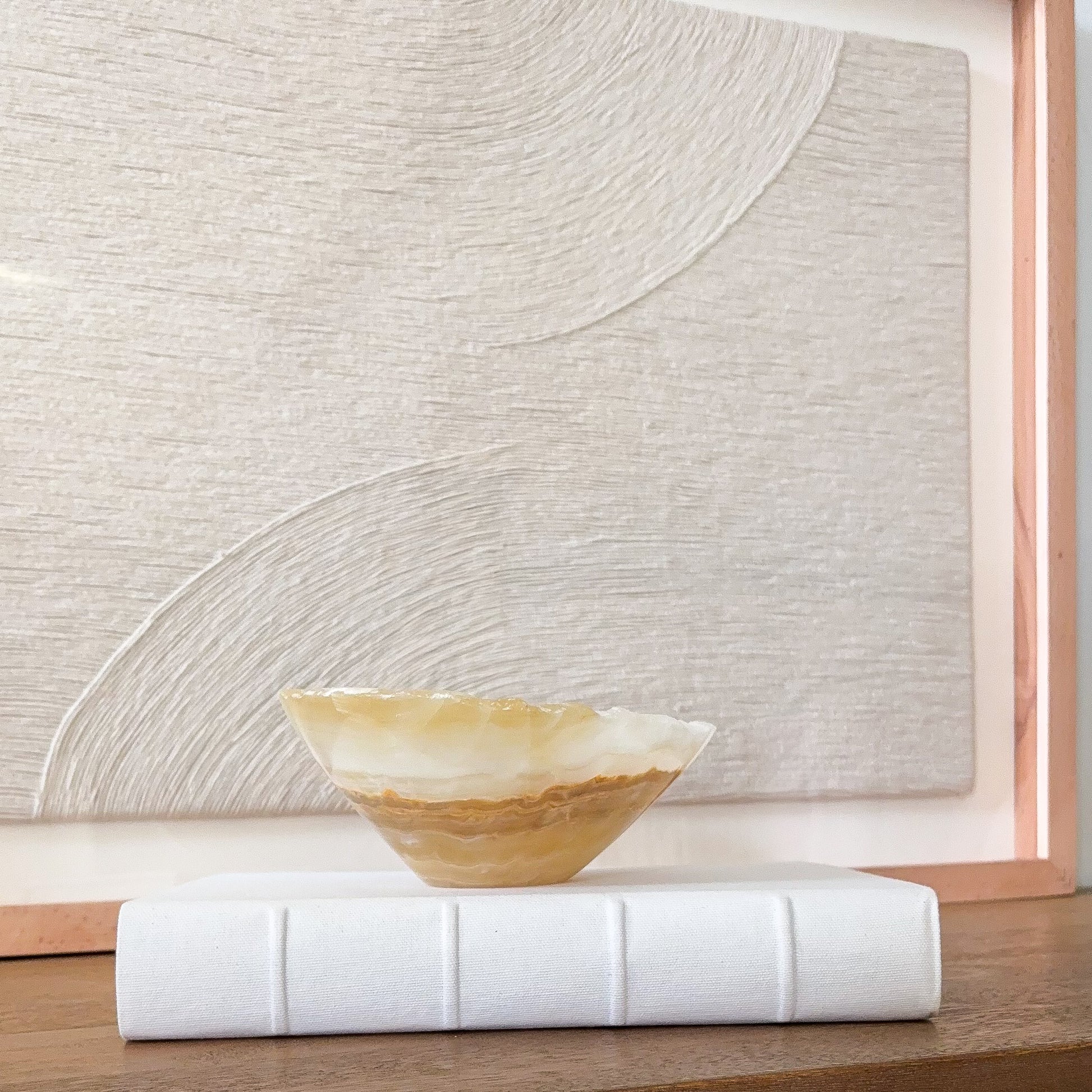 Small amber onyx bowl hand carved from natural stone, polished crystal dish for jewelry or home decor