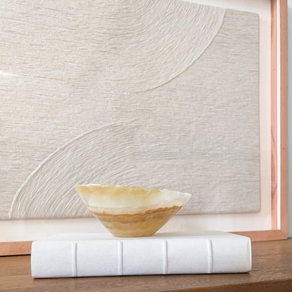 Small amber onyx bowl hand carved from natural stone, polished crystal dish for jewelry or home decor