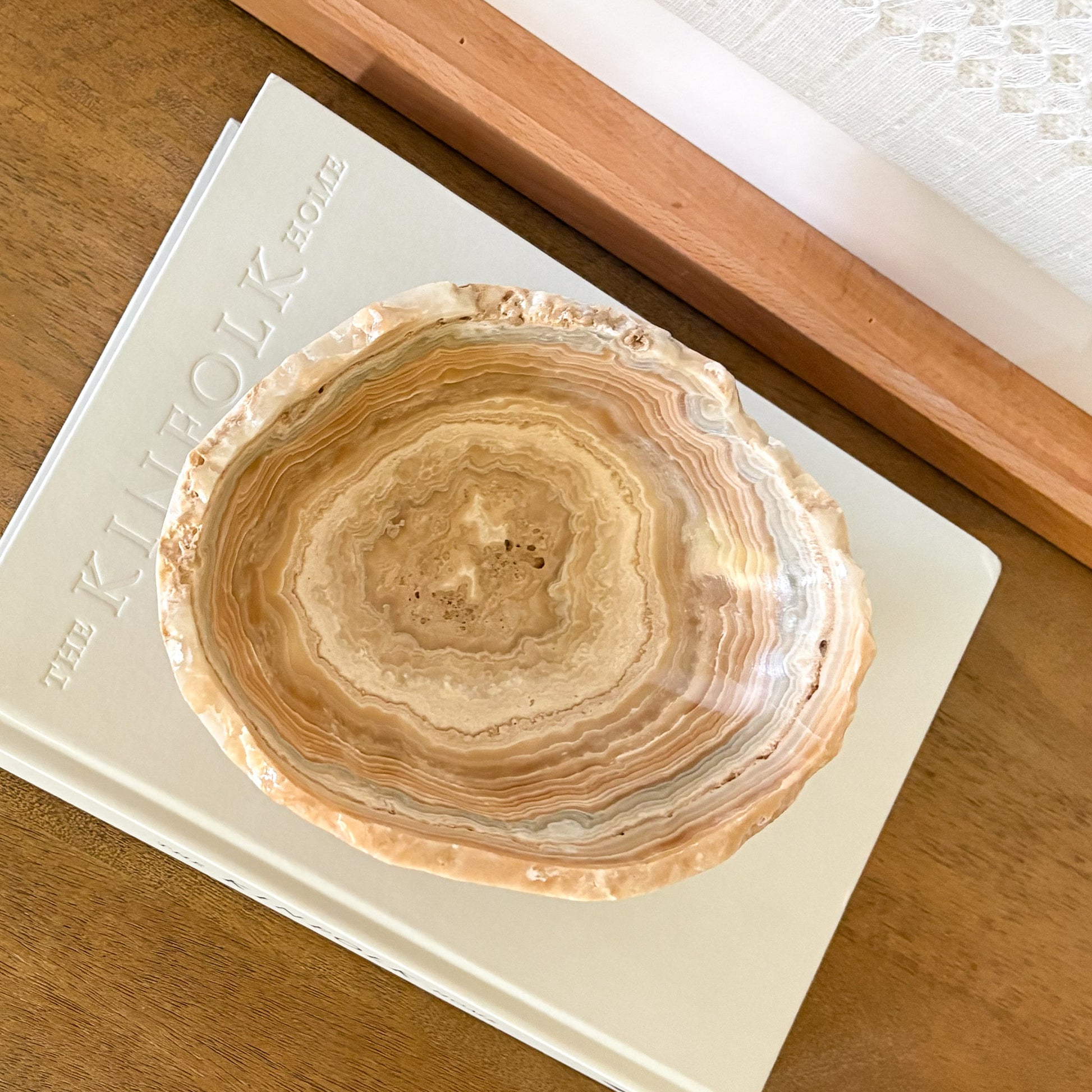 Hand carved onyx bowl in amber tones, small luxury stone decor piece