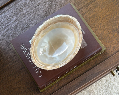 Artisan carved amber onyx catchall bowl for coffee tables, vanities, and shelves