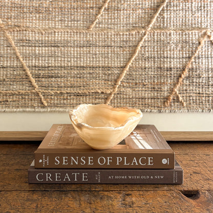 Polished amber onyx bowl styled as home décor on stacked design books