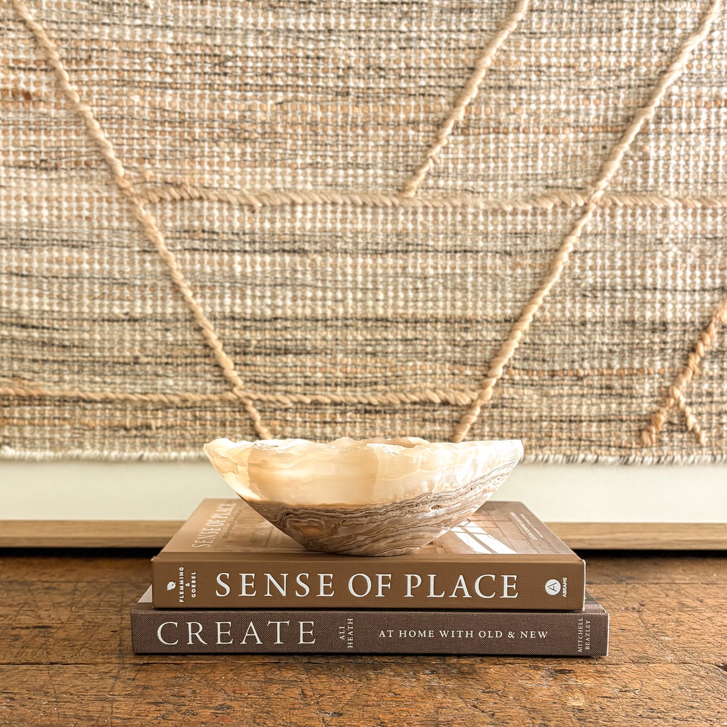 Amber onyx bowl with natural banding, minimalist stone decor