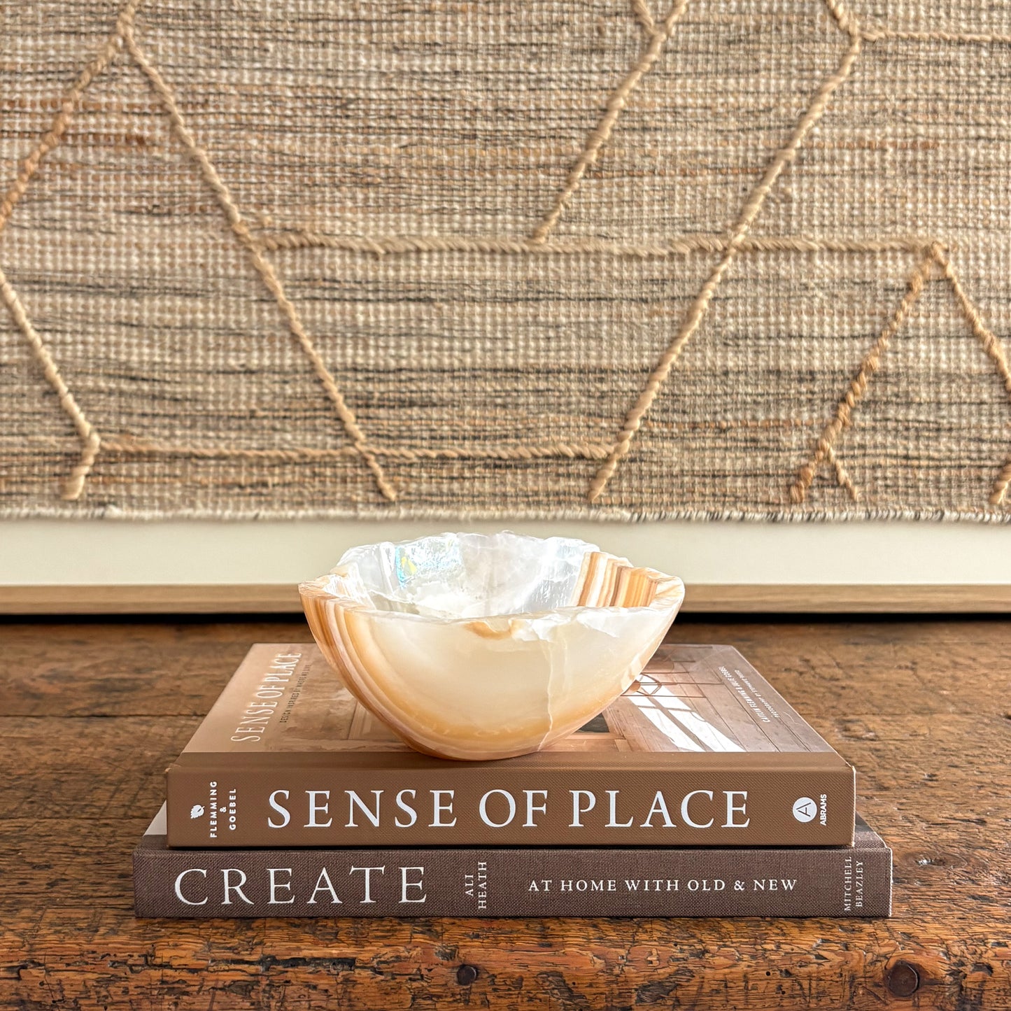 Amber onyx bowl with natural banding, minimalist stone decor