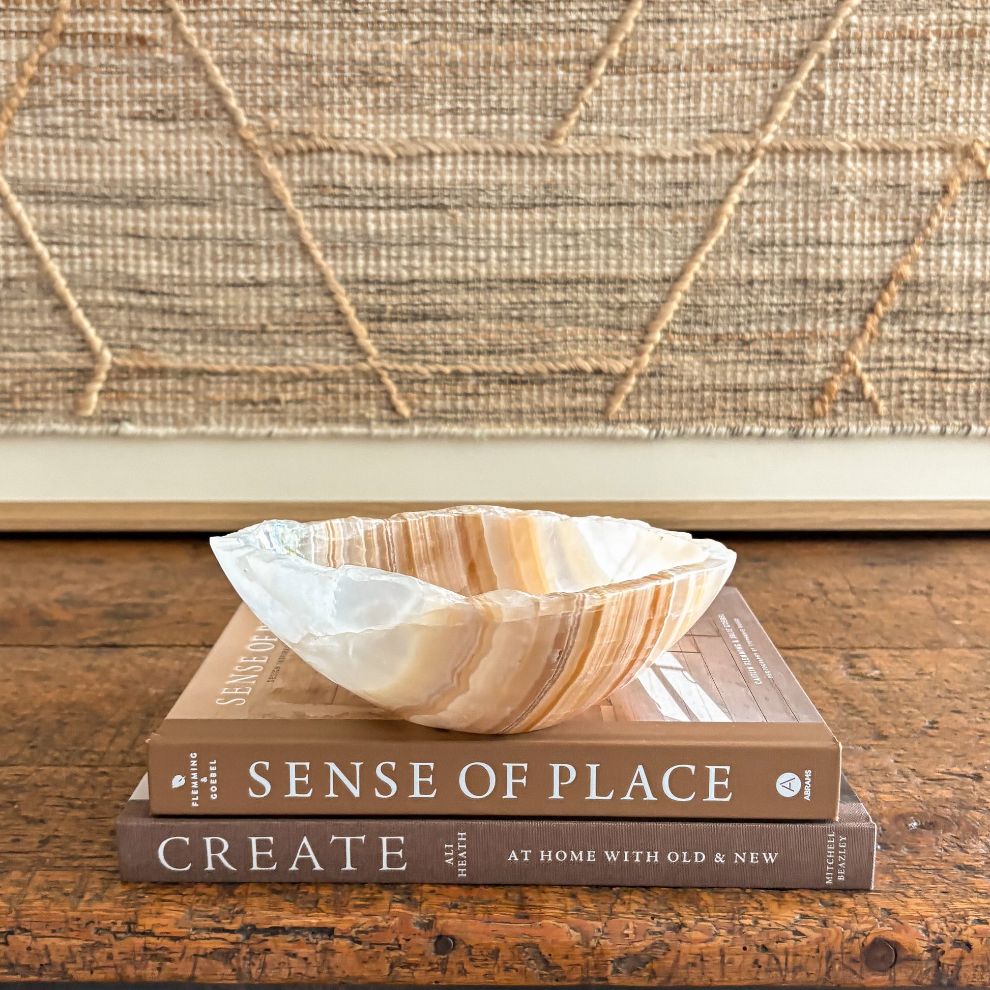 Translucent amber onyx bowl, carved and polished from natural stone