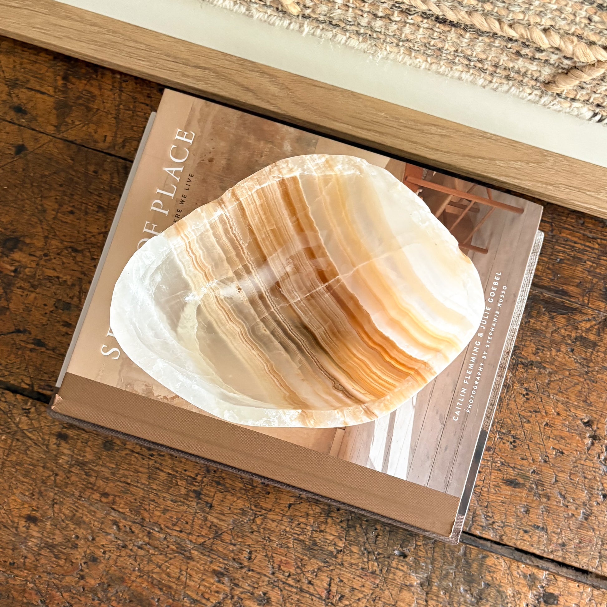 Rustic-modern amber onyx bowl, hand-carved from solid stone