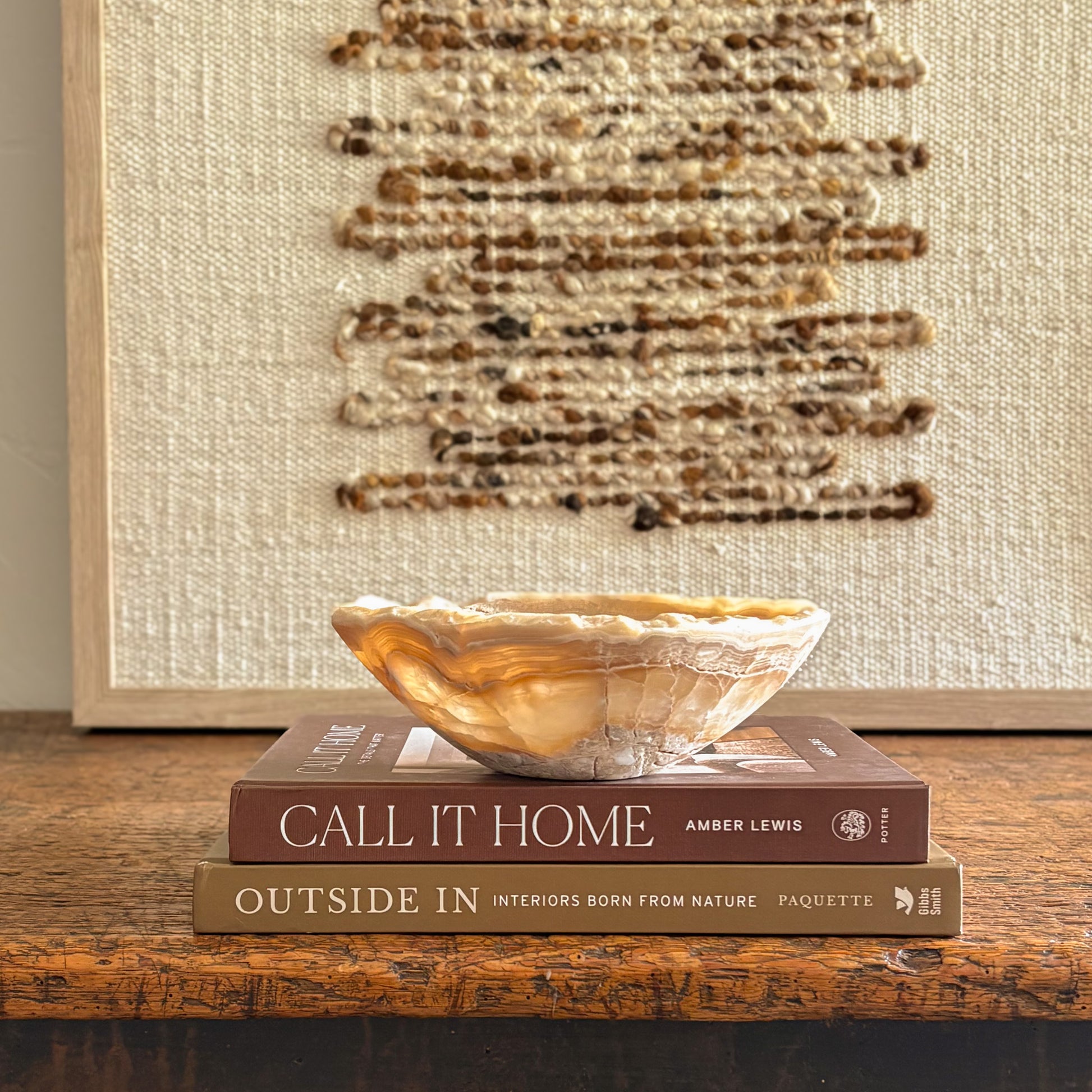 Amber onyx bowl with natural banding, minimalist stone decor