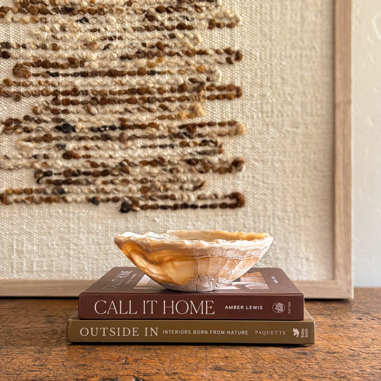 Translucent amber onyx bowl, carved and polished from natural stone