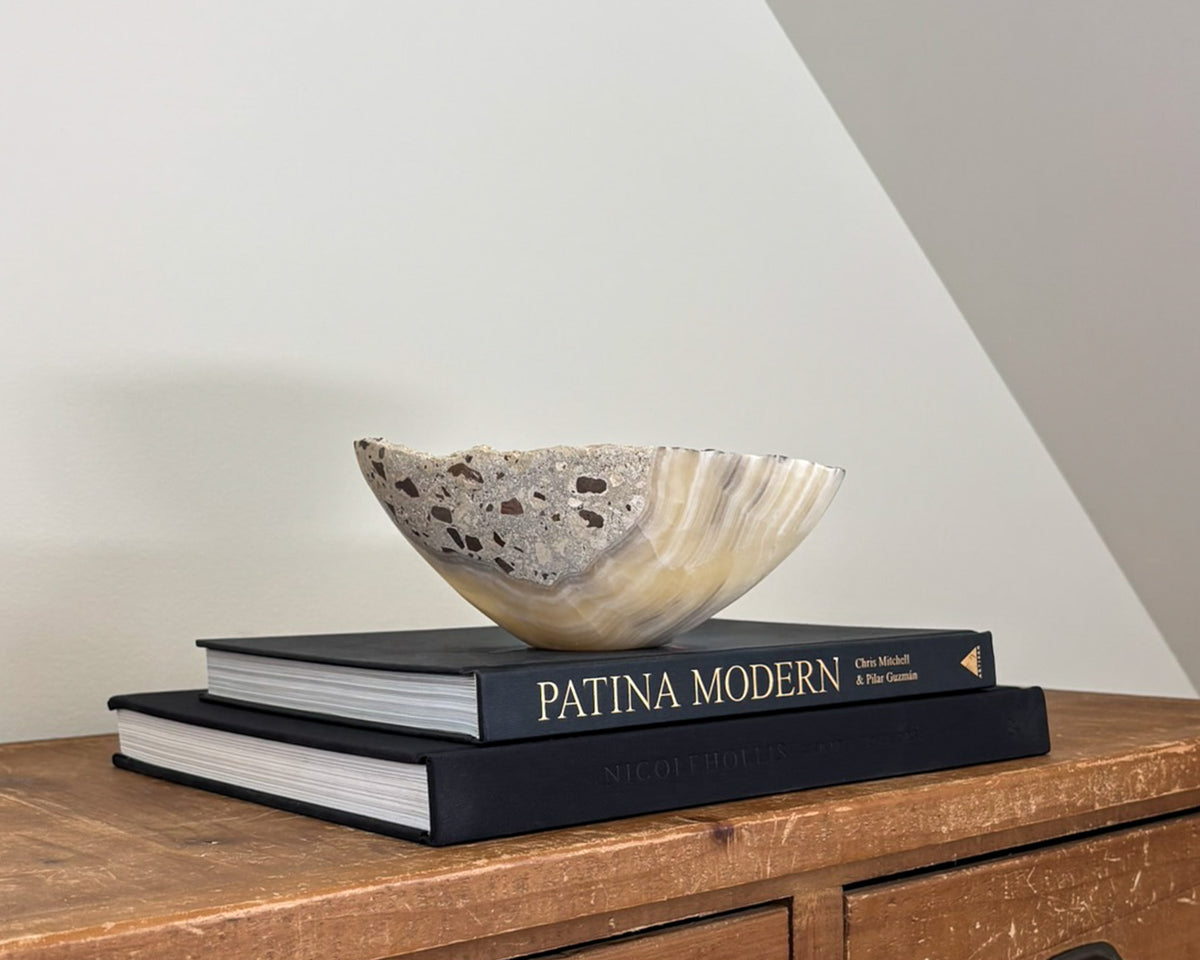 One-of-a-kind grey onyx decorative bowl crafted from natural stone