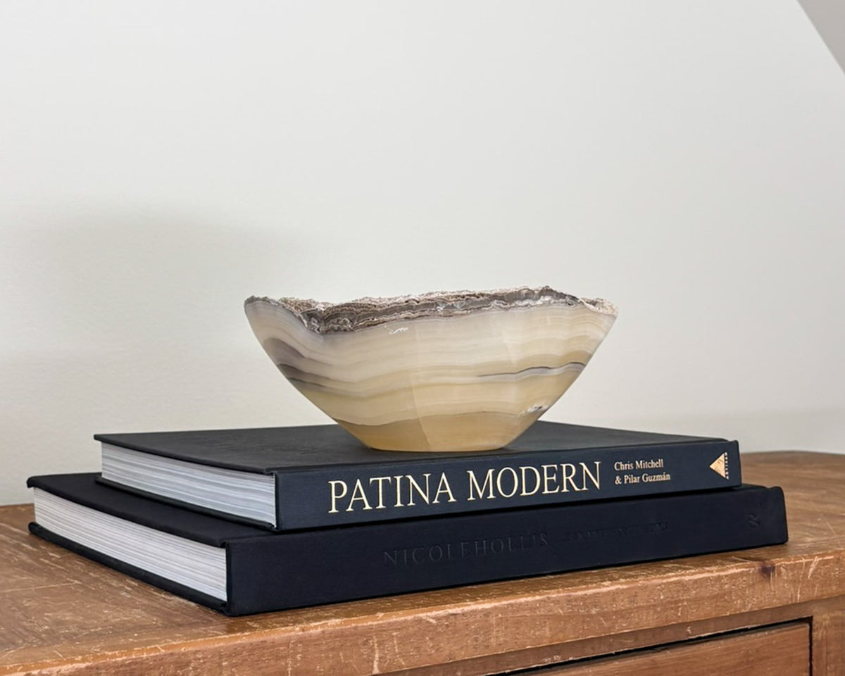 One-of-a-kind hand-carved grey onyx bowl for coffee table or shelf décor