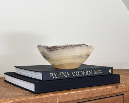 One-of-a-kind hand-carved grey onyx bowl for coffee table or shelf décor