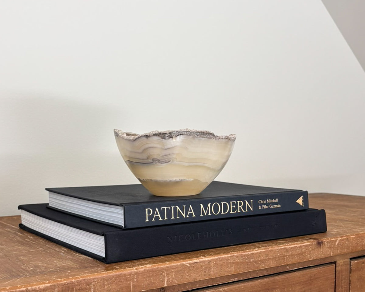 Hand-carved natural grey onyx stone bowl with smooth polished finish