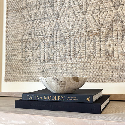 Artisan carved small grey onyx bowl with polished finish and unique marble veining