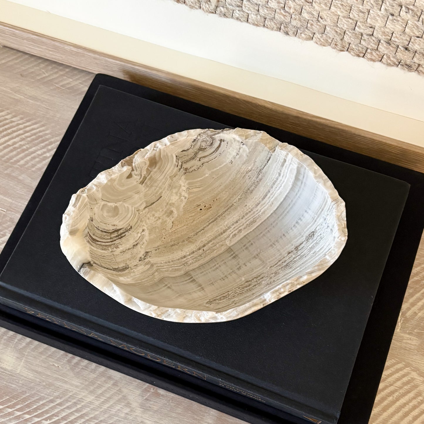 Small grey onyx trinket bowl carved from solid stone with organic patterns