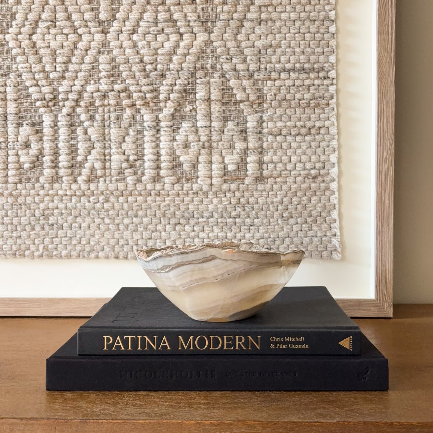 Artisan carved grey onyx decorative bowl, small polished stone centerpiece