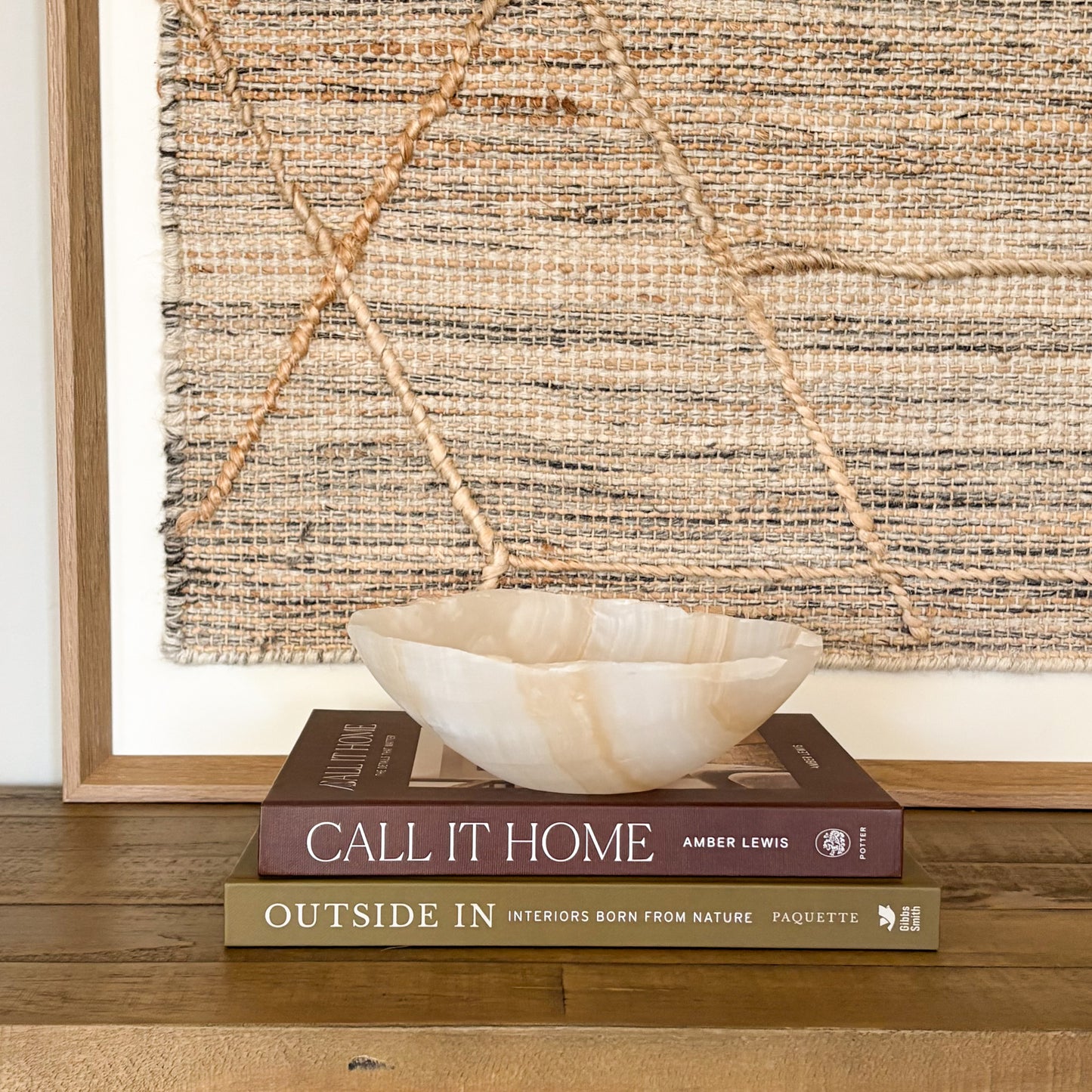 Hand carved small amber onyx stone bowl with natural translucent veining