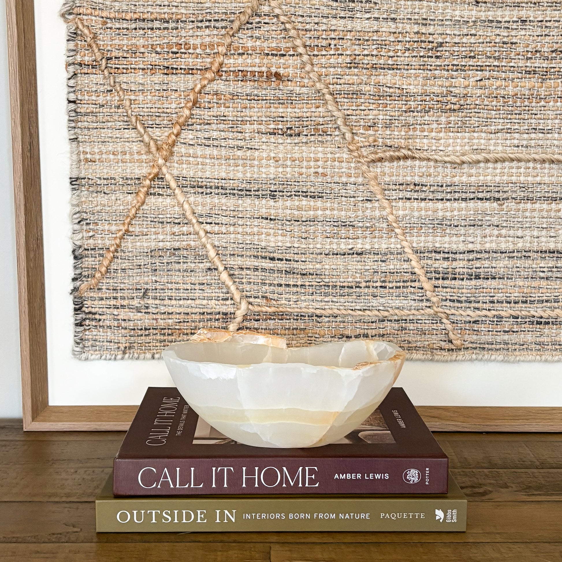 Hand carved small amber onyx stone bowl with natural translucent veining