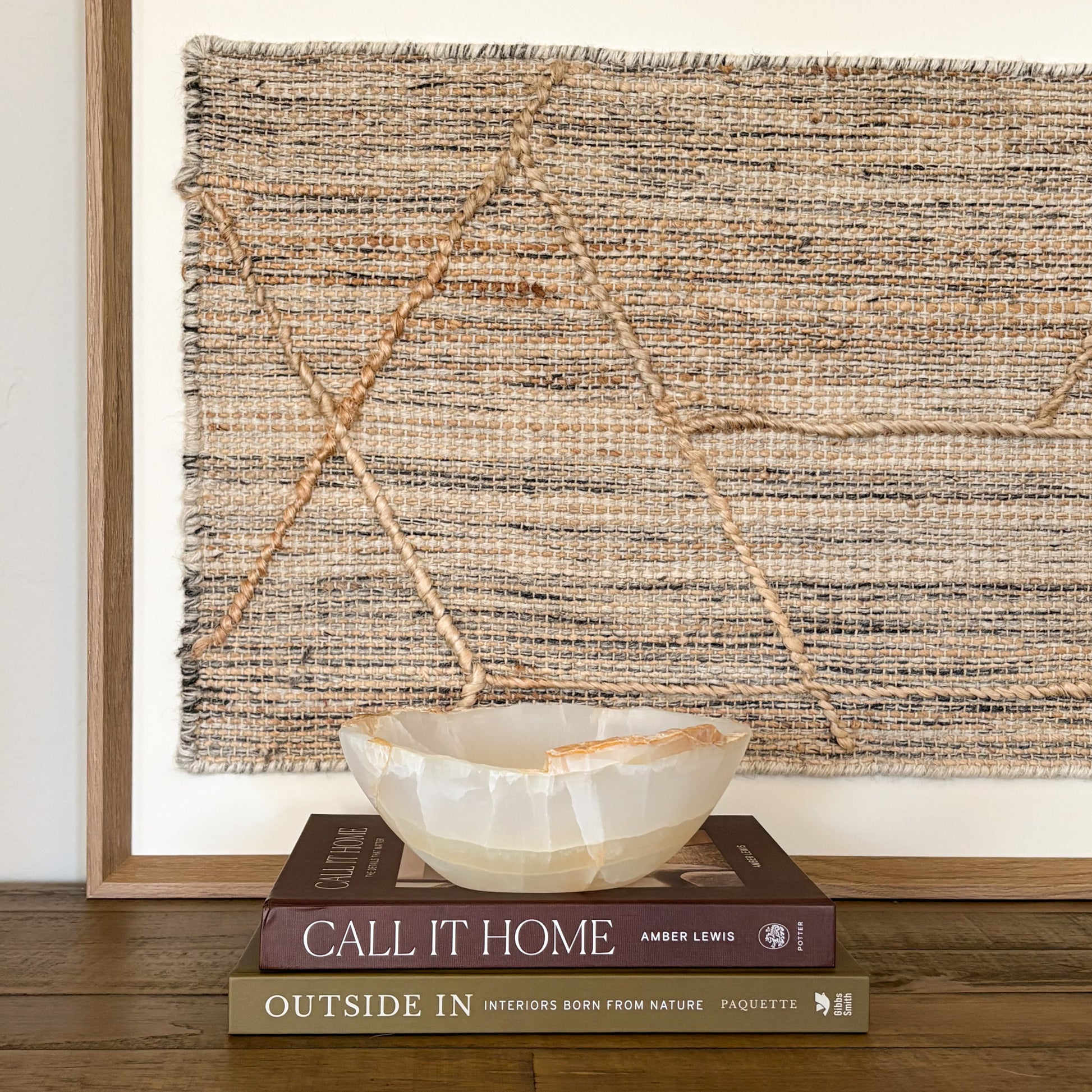 Hand carved amber onyx bowl used as minimalist home decor accent