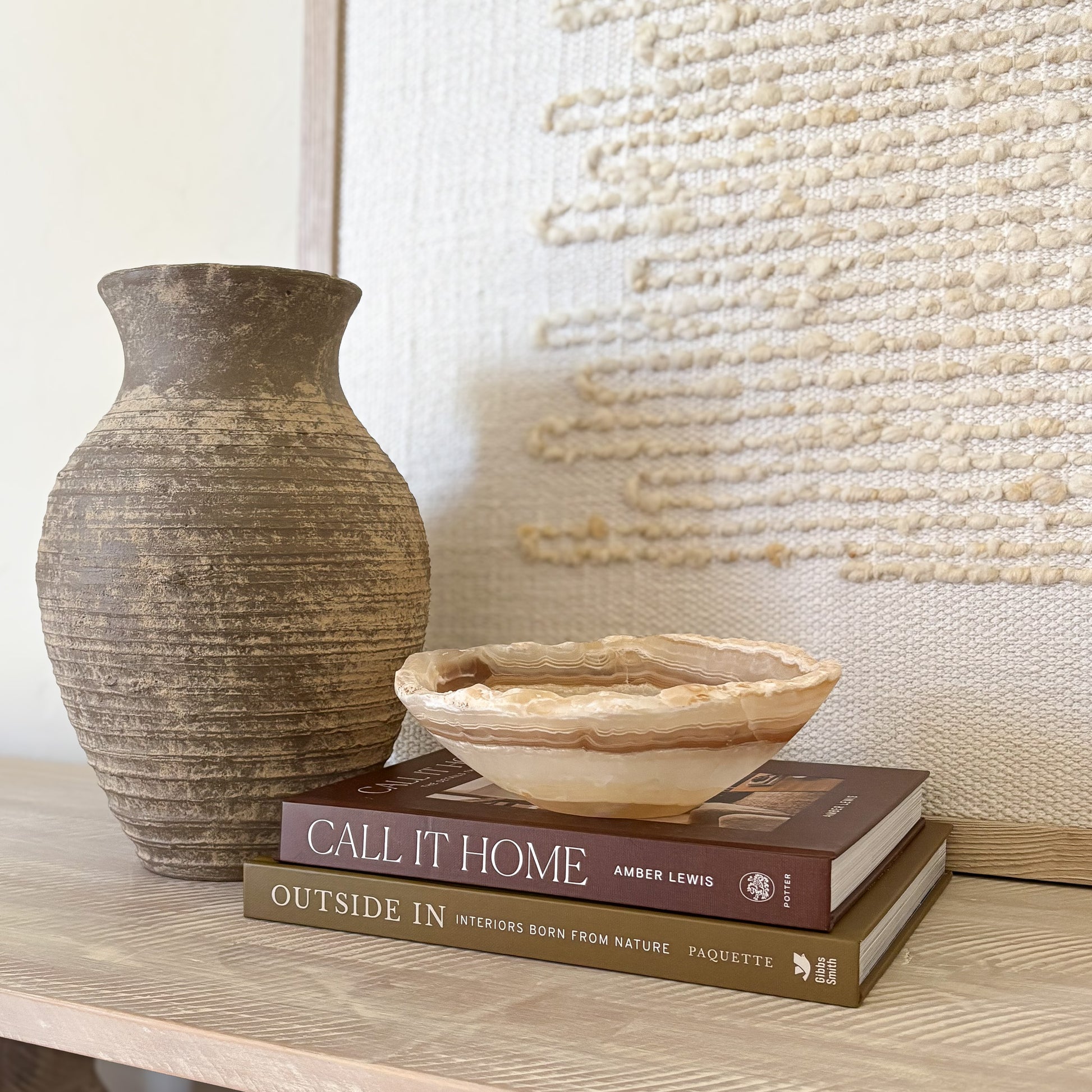 Artisan carved amber onyx bowl in neutral stone tones