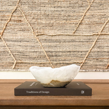 Hand-carved white onyx bowl with natural cream and ivory veining for luxury home décor