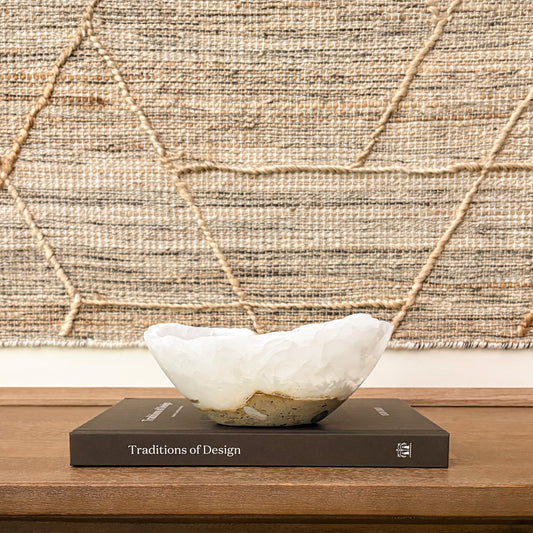 Hand-carved white onyx bowl with natural cream and ivory veining for luxury home décor