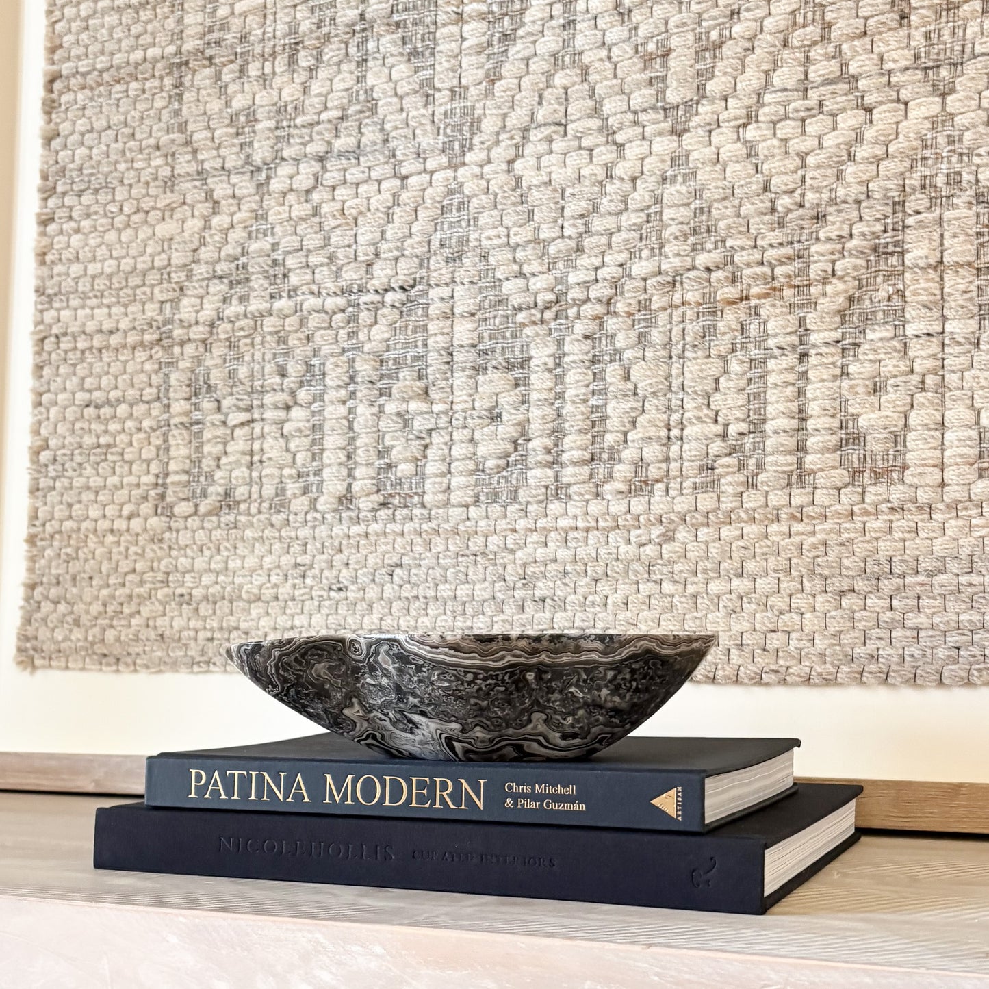 Small hand-carved zebra onyx bowl with natural black and white stone veining