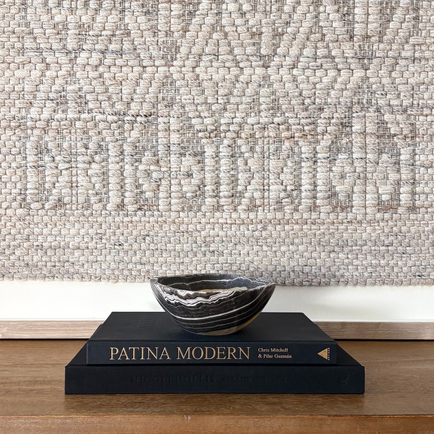 Small hand carved zebra onyx bowl with natural black and white striped veining