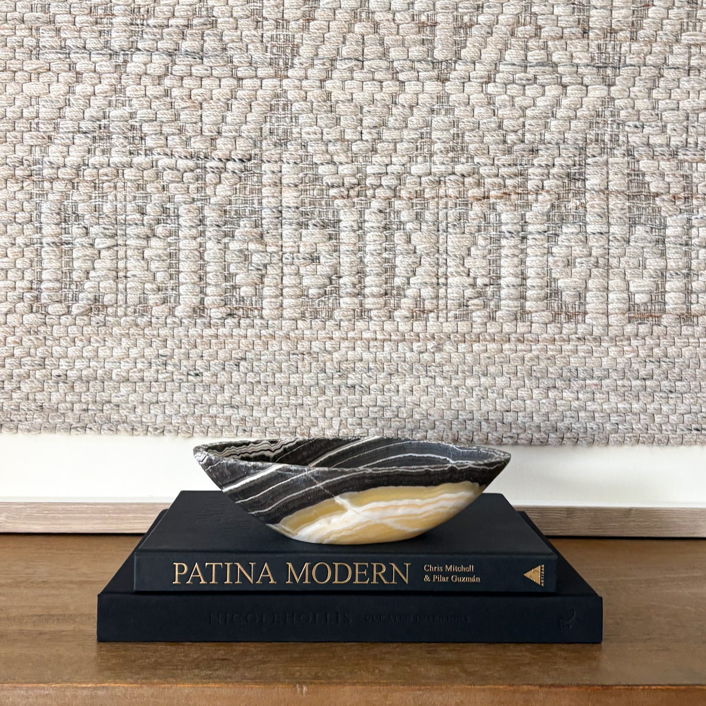 Contemporary home styling featuring hand carved zebra onyx stone bowl