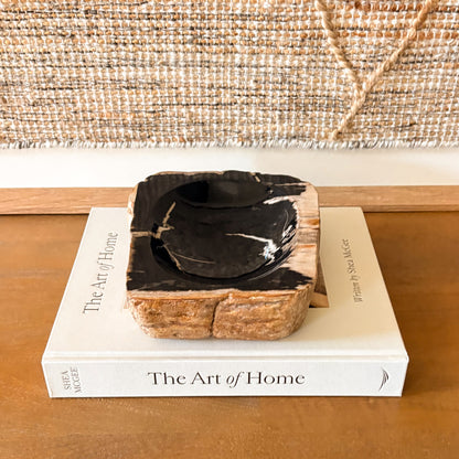 Natural petrified wood bowl displayed in modern organic home decor