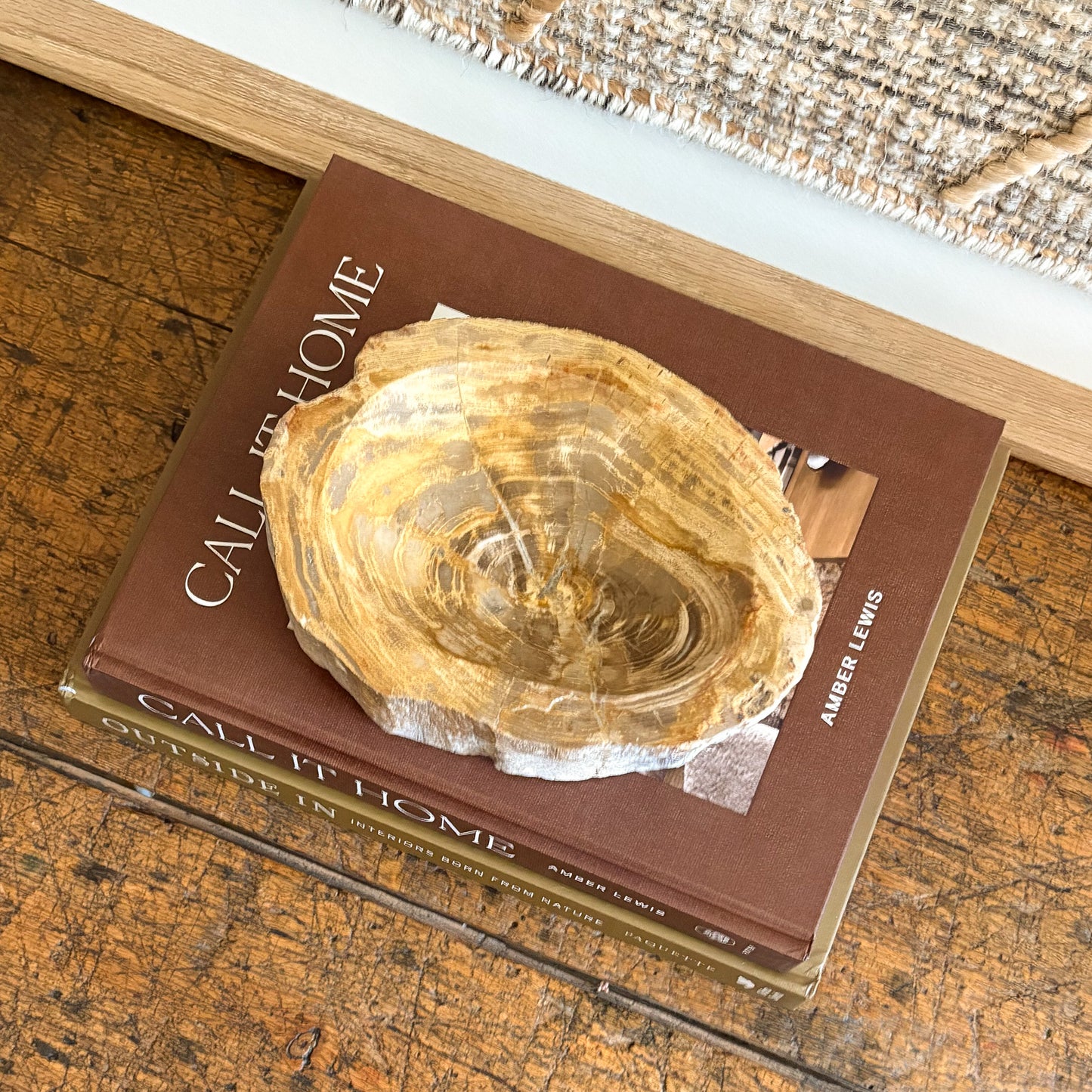 Small Indonesian petrified wood bowl with natural stone grain and polished finish