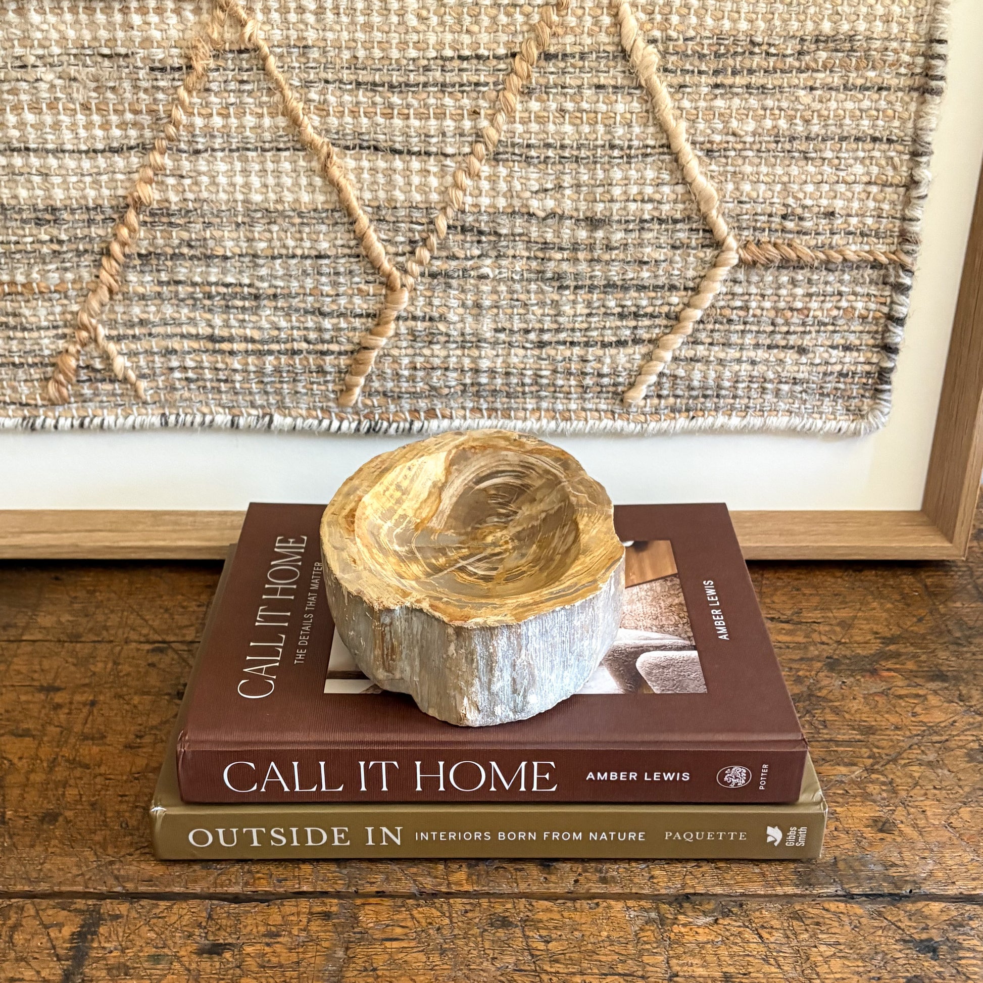 Small petrified wood bowl showing natural fossil wood rings and mineral patterns