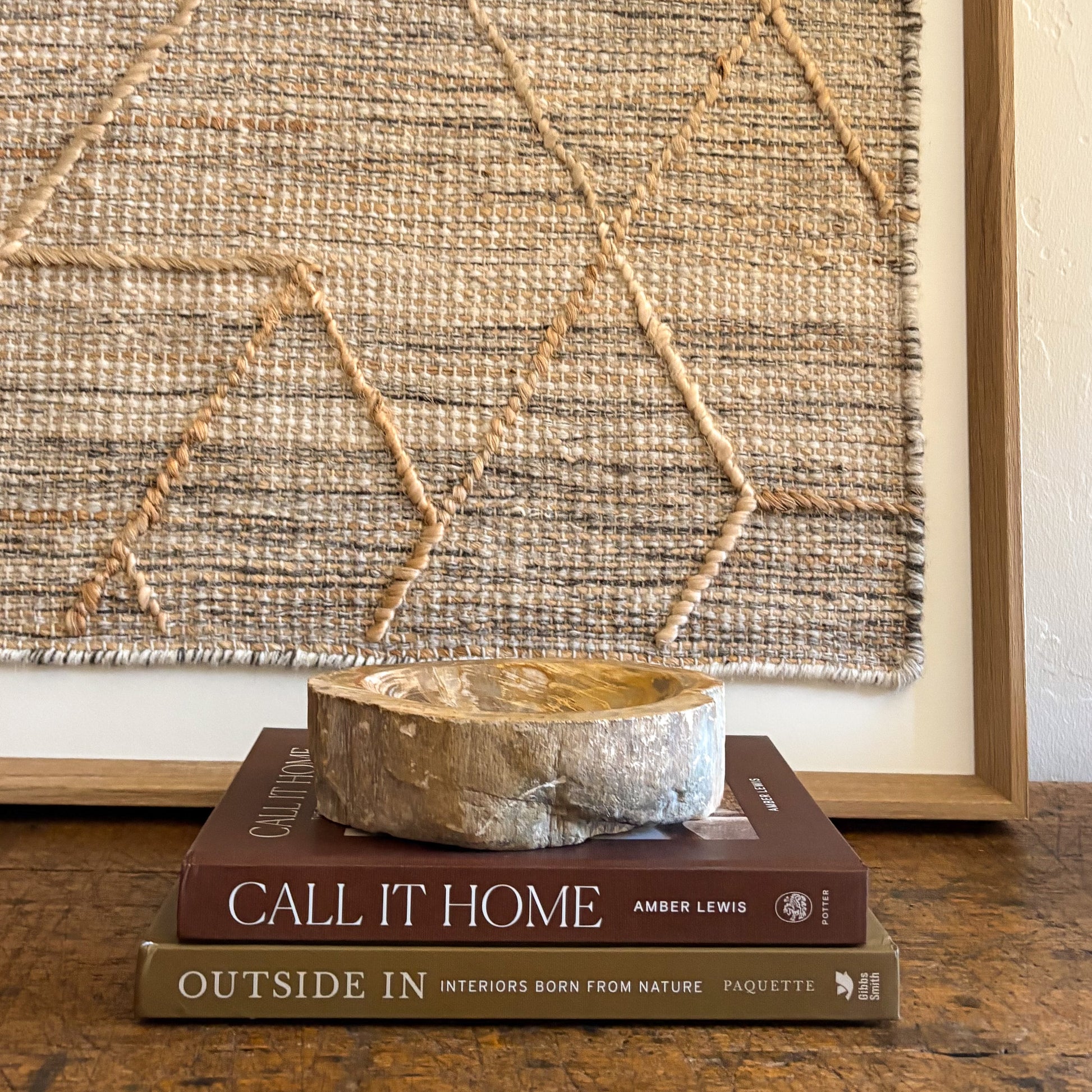 Small petrified wood catchall bowl with rich brown and tan mineral striations
