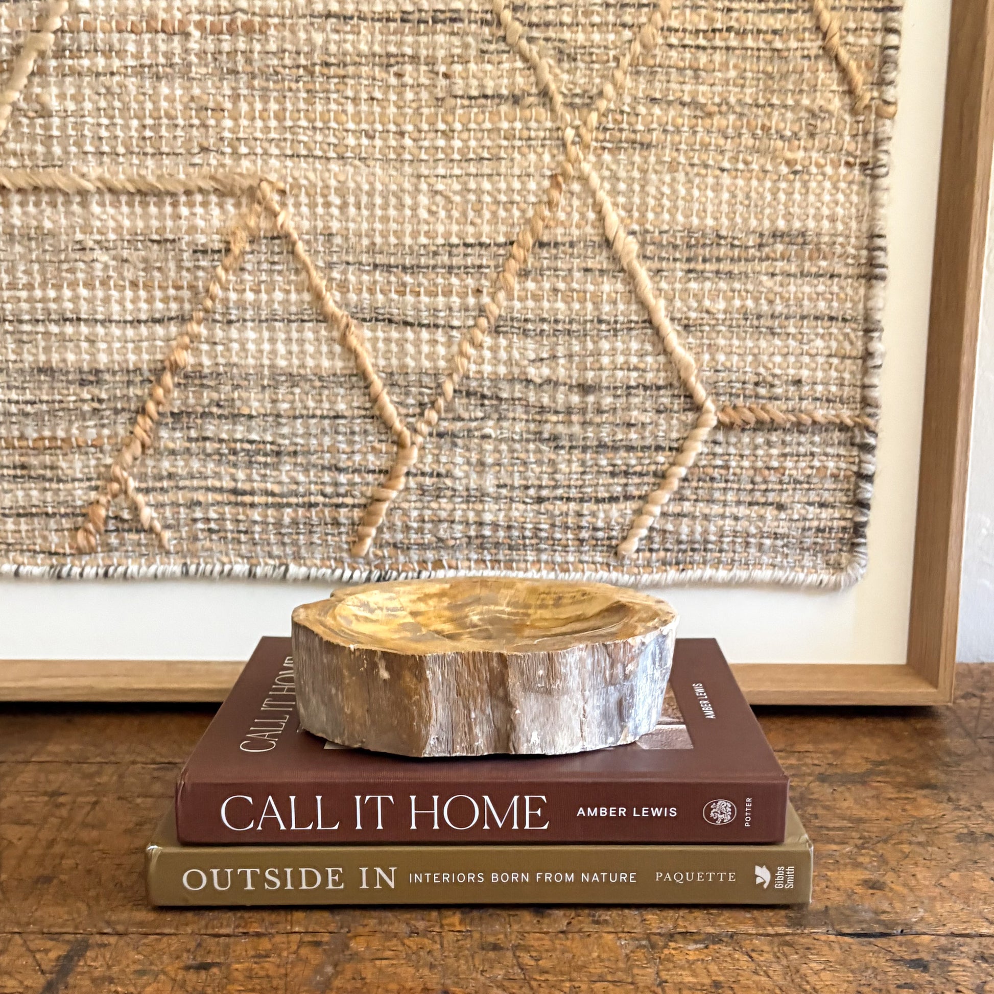 Hand-polished petrified wood bowl from Indonesia in warm earth tones