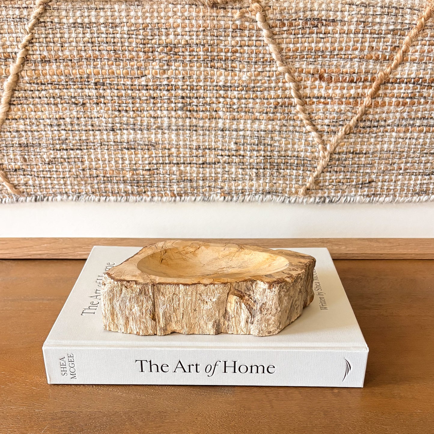 Small Indonesian petrified wood bowl with natural stone grain pattern