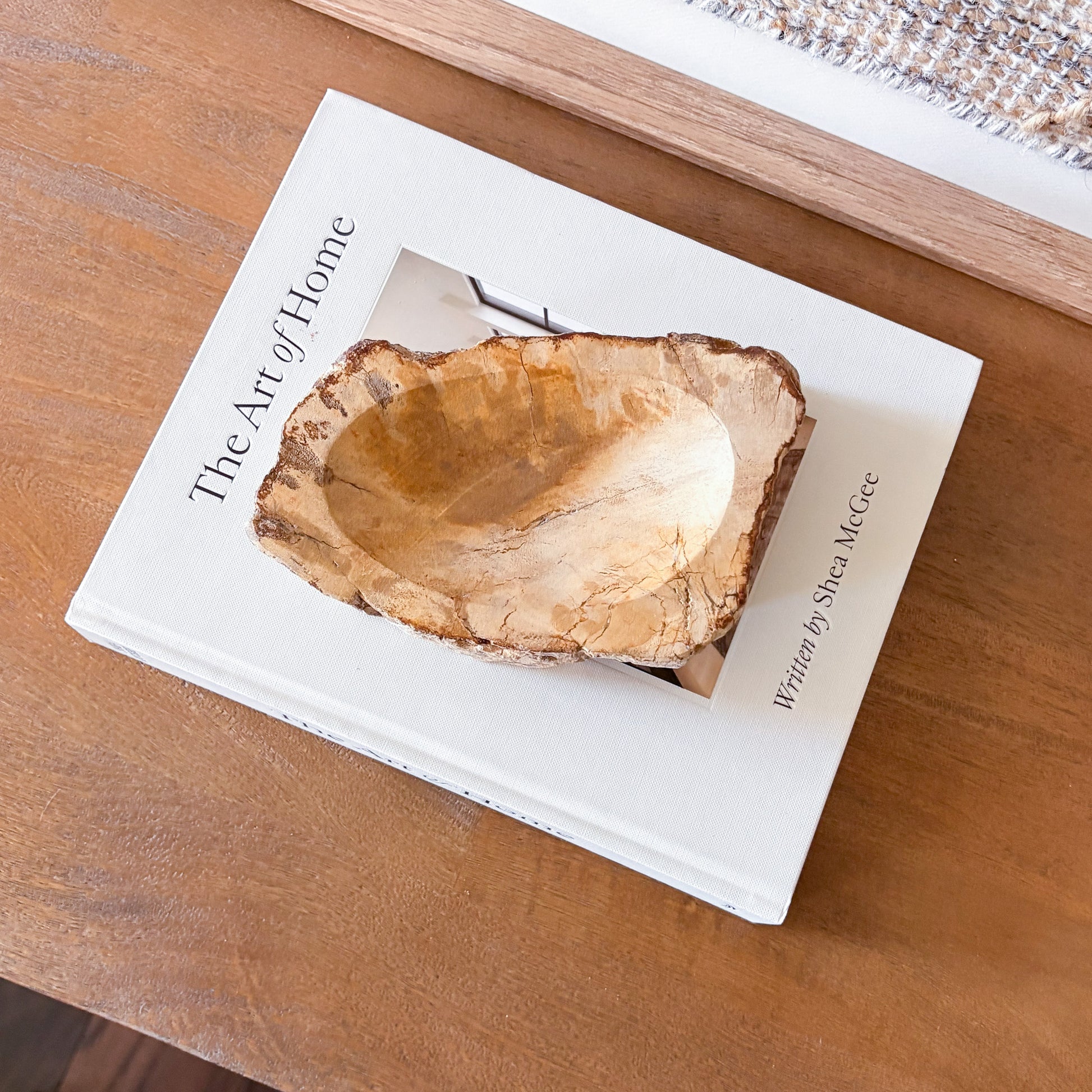 Small polished petrified wood bowl made from fossilized wood in Indonesia