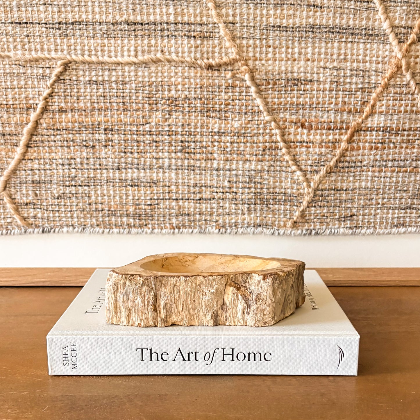 Hand carved Indonesian petrified wood bowl with natural fossil wood texture
