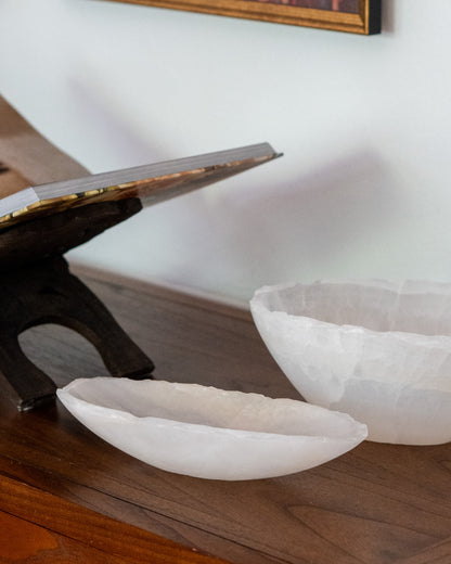 Small polished white onyx canoe bowl for modern organic interiors