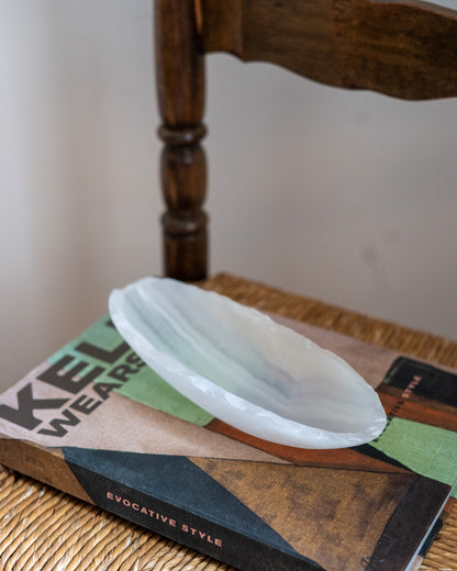 Hand carved white onyx canoe bowl for luxury home decor