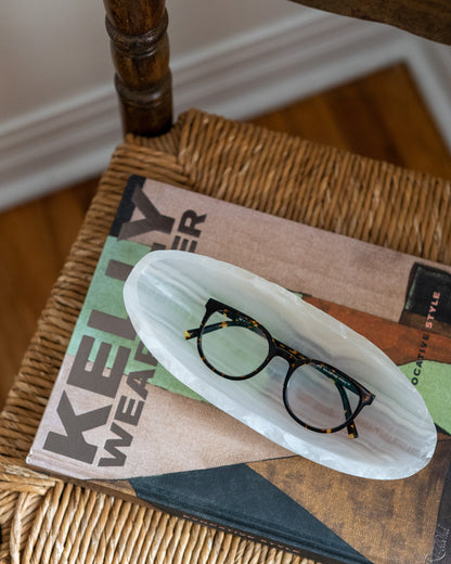 Small white onyx canoe decorative bowl with natural stone veining