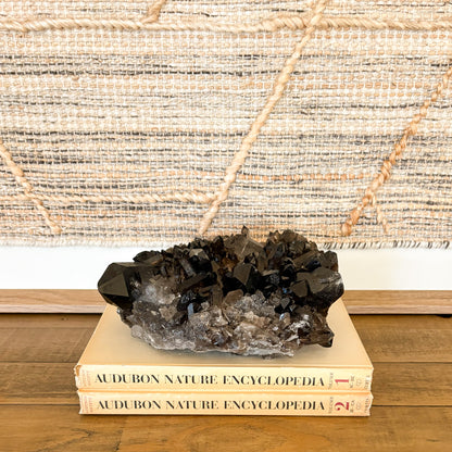 Raw smoky quartz crystal cluster with deep brown crystals styled on books