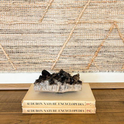 Dark smoky quartz crystal cluster decorative stone displayed on books on a wooden shelf.