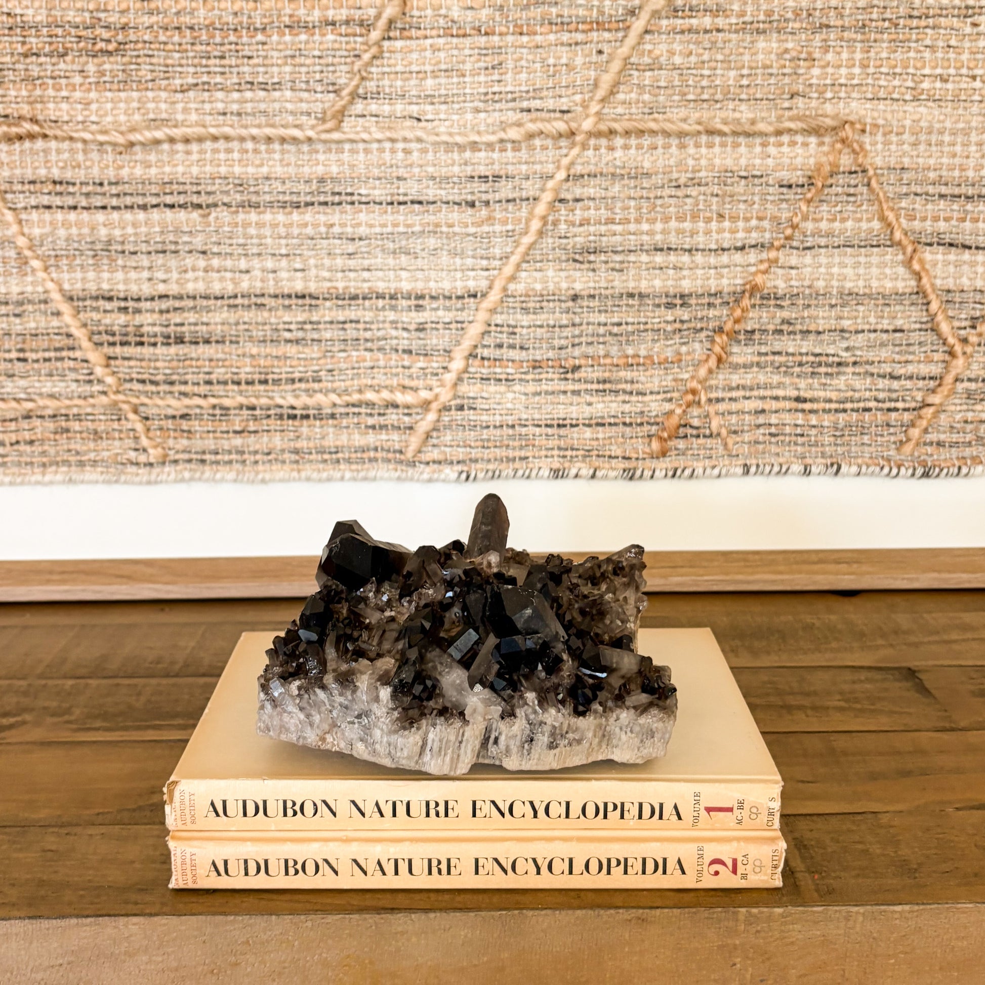 Natural smoky quartz crystal cluster on vintage encyclopedia books used as elegant home decor.