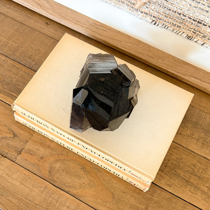 Raw smoky quartz crystal cluster with deep brown crystals styled on books