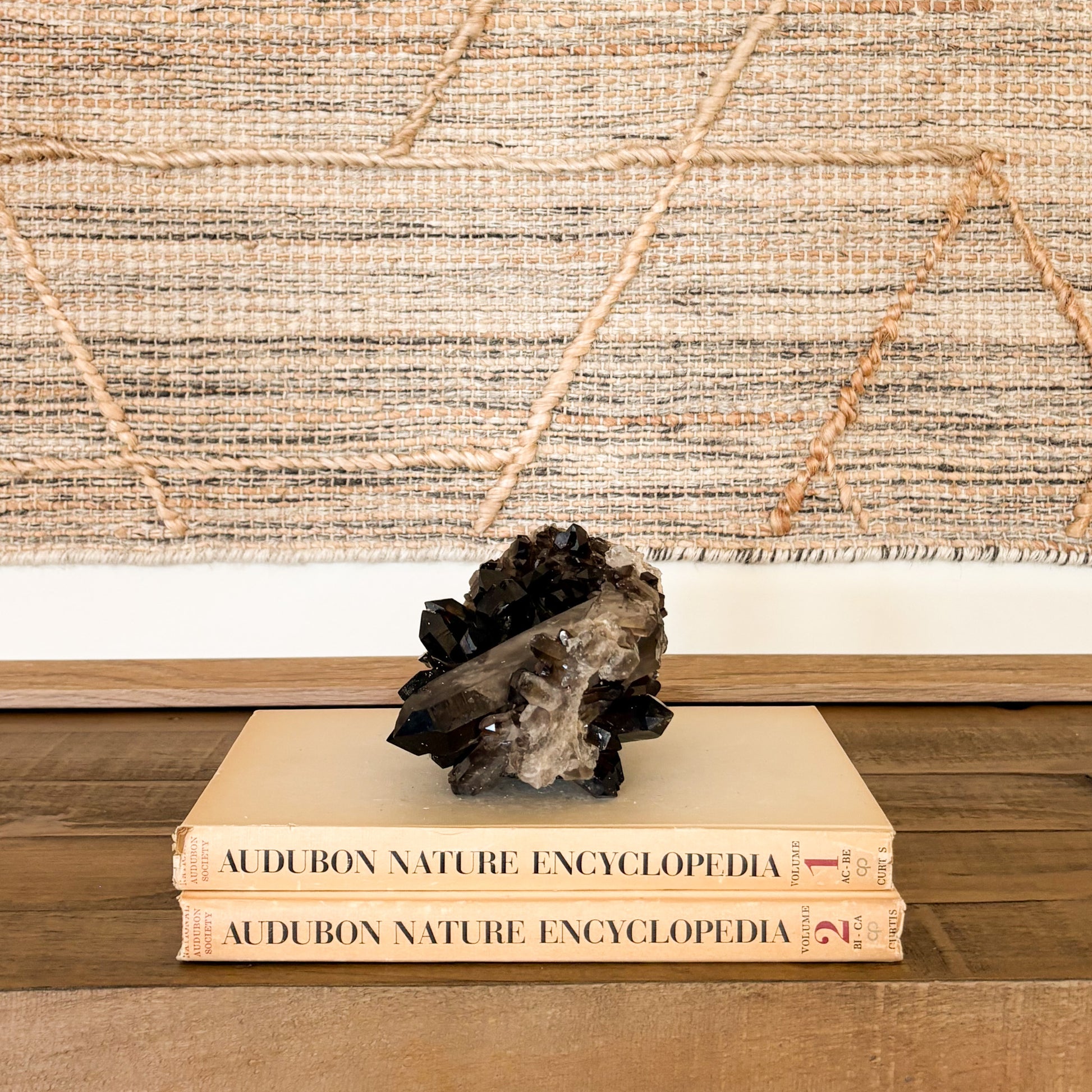 Large smoky quartz crystal cluster used as luxury home decor accent with rich brown natural gemstone points and polished mineral base.