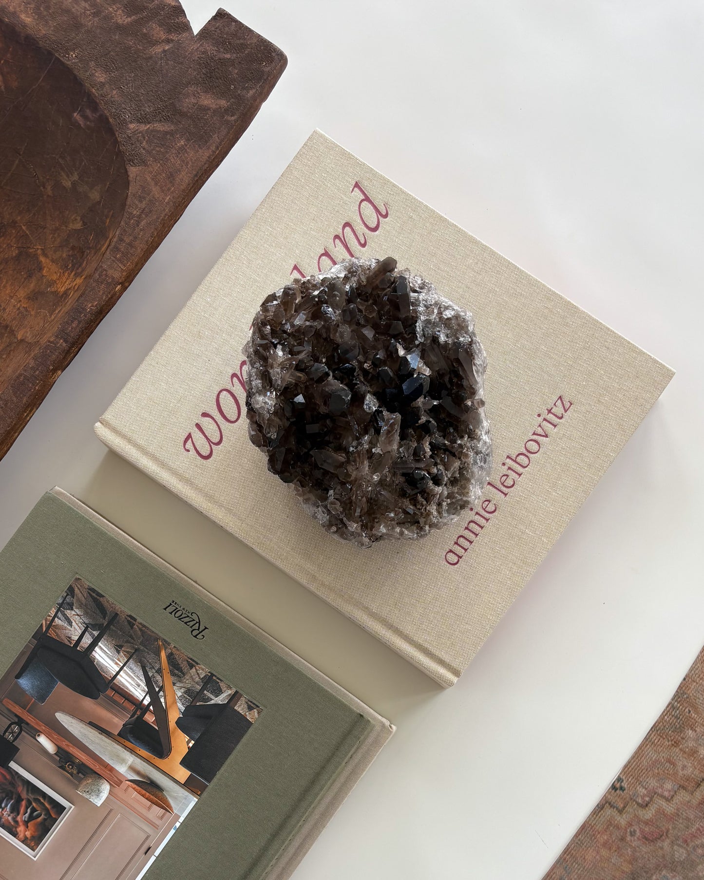 Decorative smoky quartz crystal cluster with natural translucent crystals for modern organic home décor